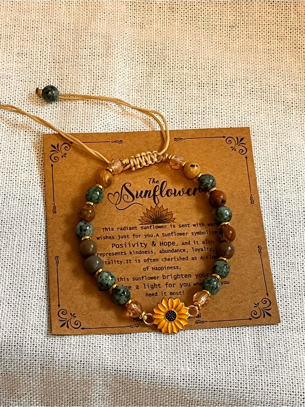 Sunflower Charm Beaded Bracelet in Green and Brown